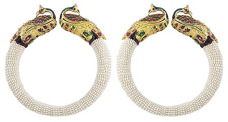 Pair of White Bead Cuff Bangles with Gold Plated Peacock