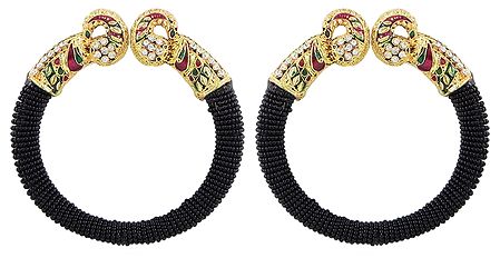 Pair of Black Bead Cuff Bangles with Gold Plated Peacock
