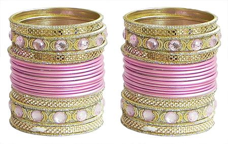 Two Sets of Stone Studded Light Pink with Golden Bangles