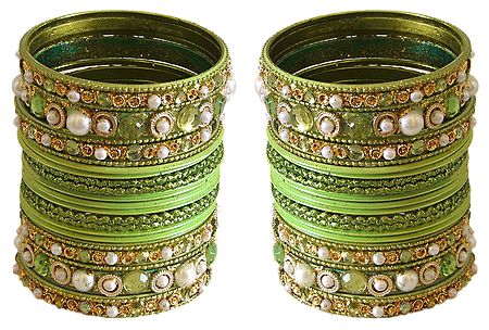 Stone and Pearl Studded Green Bangles