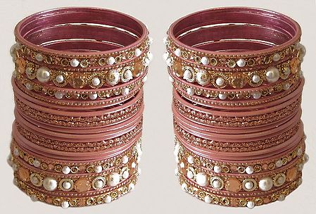Stone and Pearl Studded Light Pink Bangles