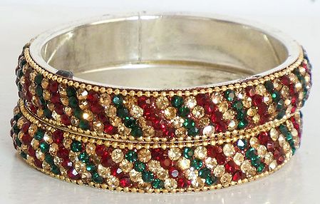 Two Red, Green and Peach Color Stone Studded Bangles