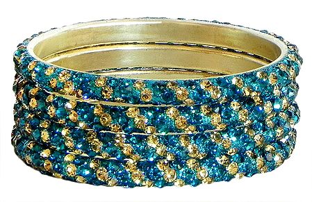 Four Cyan with Yellow Stone Studded Bangles