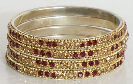 Maroon and Peach Color Stone Studded Four Bangles