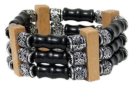 Wood and Metal Beads Stretch Bracelet
