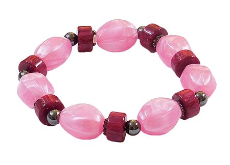 Pink with Maroon Beaded Stretch Bracelet