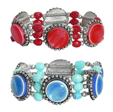 Set of 2 Red and Blue Stone Stretchable Link Bracelet