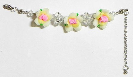 Metal Tennis Bracelet with Acrylic Flowers and White Crystals