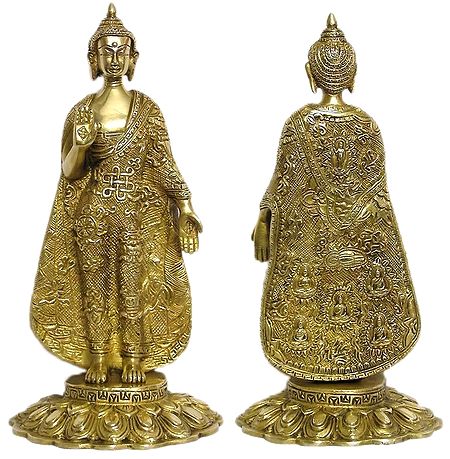 Preaching Buddha Wearing Robe Carved with Scenes and Stories from the Life of Buddha - Single Statue Front and Back View