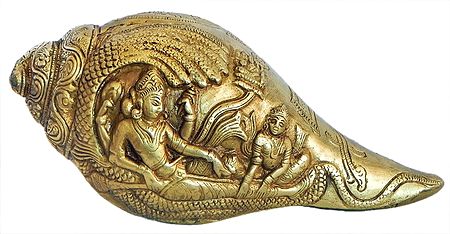Lord Vishnu Resting on Sheshanaga with Lakshmi Sculpted On Brass Conch