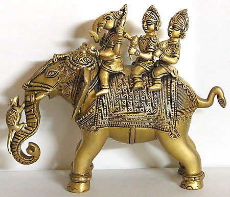 Ganesha Riding Elephant with Two Consorts Riddhi and Siddhi