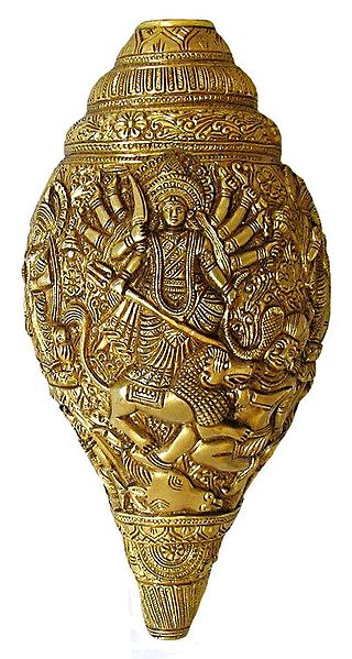 Goddess Durga Slaying Mahishasura with Her Family Sculpted On Brass Conch - Wall Hanging