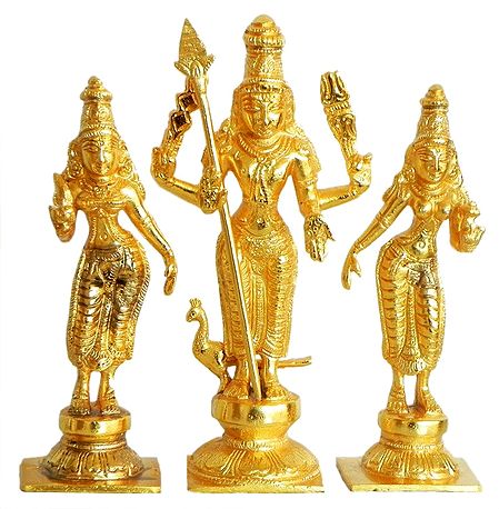 Murugan with His Two Wives, Valli and Devasena - Golden Colored Bronze Statue