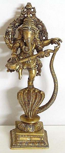 Lord Ganesha Dancing on the Hood of Naga and Playing Veena