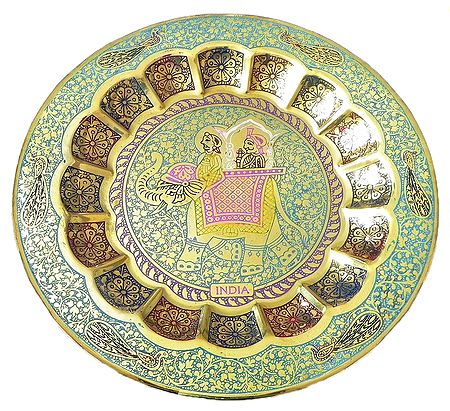 Meenakari Brass Plate with King on Elephant Design - Wall Hanging