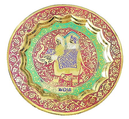 Meenakari Brass Plate with King on Elephant Design - Wall Hanging