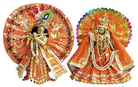 Radha Krishna in saffron with Golden Design Dress