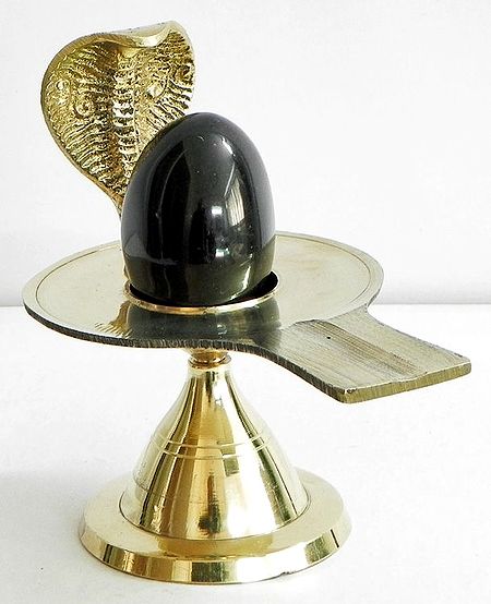 Black Stone Shiva Linga on Brass Stand with Hooded Serpent