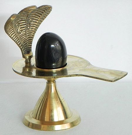 Black Stone Shiva Linga on Brass Stand with Three Hooded Serpent