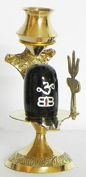Black Stone Shiva Linga with Three Hooded Snake on Brass Stand with Kalash and Trident