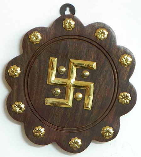 Brass Swastika (Auspicious Hindu Symbol) on Wood (Wall Hanging)