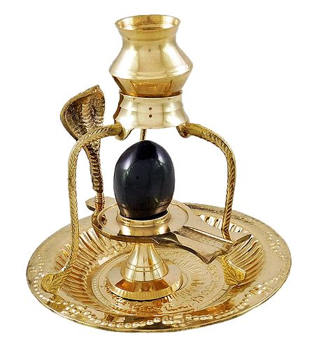 Black Stone Shiva Linga on Brass Plate With Kalash on Tripod