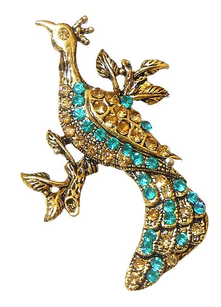 Cyan and Yellow Stone Studded Metal Peacock Brooch