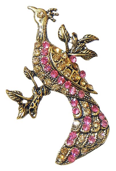 Pink and Yellow Stone Studded Metal Peacock Brooch