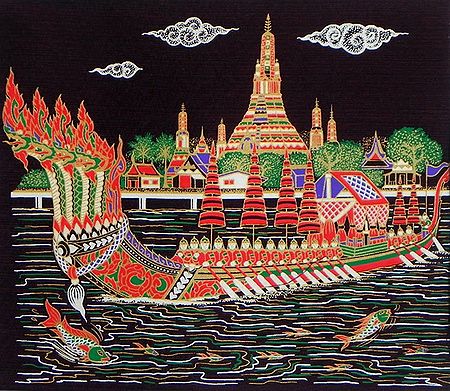 Thai Royal Boat with Wat Arun in Bangkok