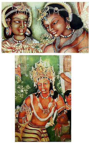 Vajrapani and Black Princess with Attendent - Set of 2 Reprint of Ajanta Cave Painting, India