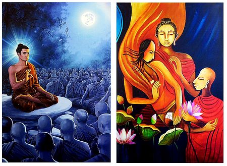 Lord Buddha and Amprapali Finds Peace in Buddha - Set of 2 Posters