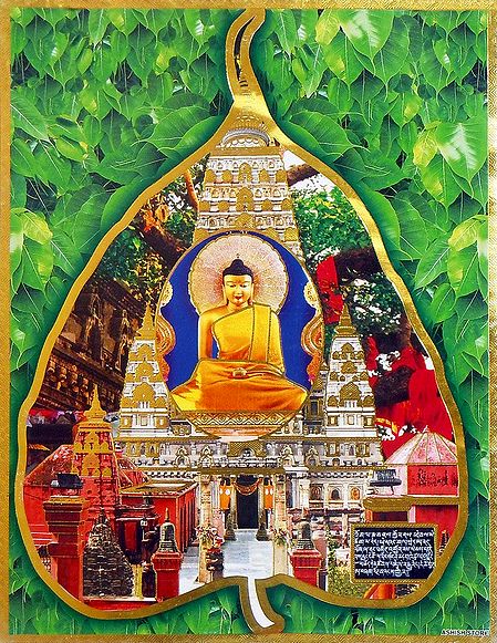 Buddha and Mahabodhi Temple on Pipul Leaf