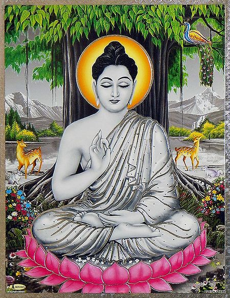 Lord Buddha Sitting on Lotus in Abhay Mudra