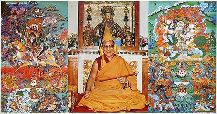 Dalai Lama with Paintings of Palden Lhamo and Gyalpo Pehar