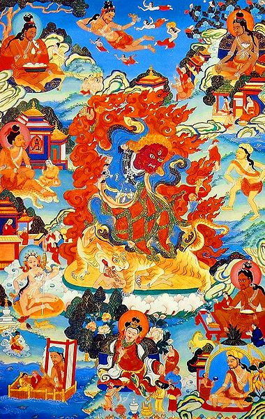 Dorje Drolo, a Wrathful Emanation of Padmasambhava, Surrounded by Siddhas of the Vajrayana