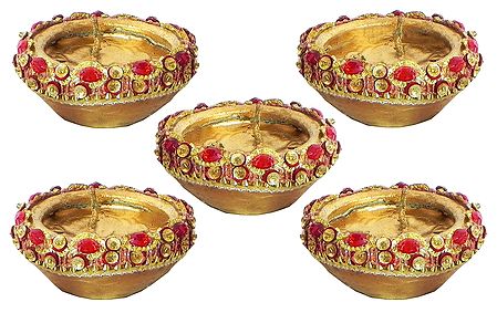Set of Five Hand Painted and Stone Studded Decorative Diyas with Wax Candles