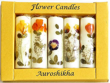 Five Candles Decorated with Pressed Dried Flowers and Leaves