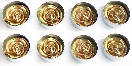Set of Eight Floating Golden Rose Wax Candles in Metal Container