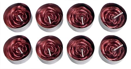 Set of Eight Floating Red Rose Wax Candles in Metal Container