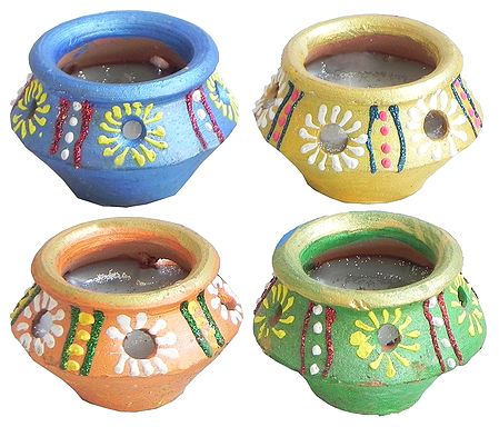 Set of Four Hand Painted Decorative Kalash with Wax Candles