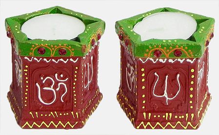 Set of Two Hand Painted Diyas with Wax Candles