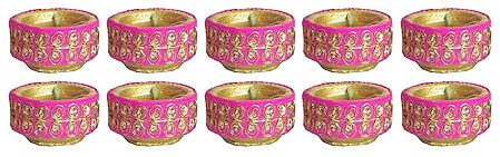 Set of Ten Hand Painted Decorative Diyas with Wax Candles