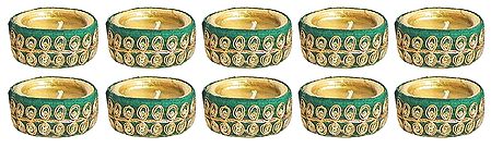 Set of Ten Hand Painted Decorative Diyas with Wax Candles