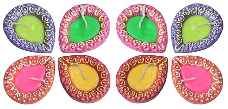 Set of Eight Hand Painted Decorative Diyas with Wax Candles