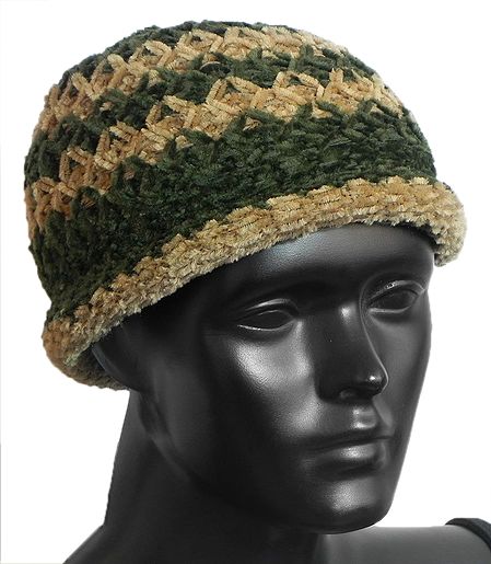 Ladies Hand Knitted Olive Green with Light Brown Stripe Beanie Woolen Hat