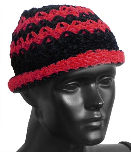 Ladies Hand Knitted Black with Red Stripe Beanie Woolen Hat