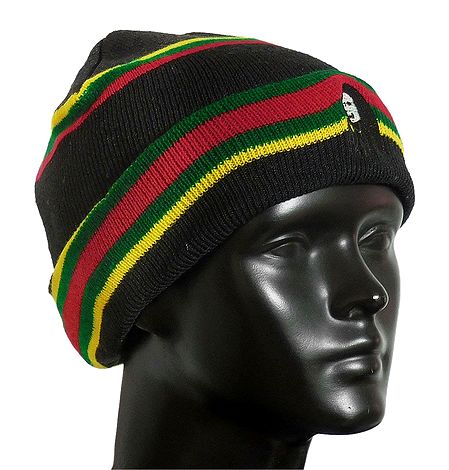 Red, Green and Yellow Stripe on Black Woolen Beanie Cap