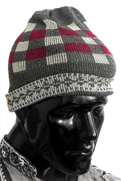 Grey, White and Maroon Woolen Gents Check Beanie Cap