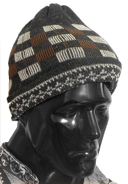 Grey, White and Brown Woolen Gents Check Beanie Cap