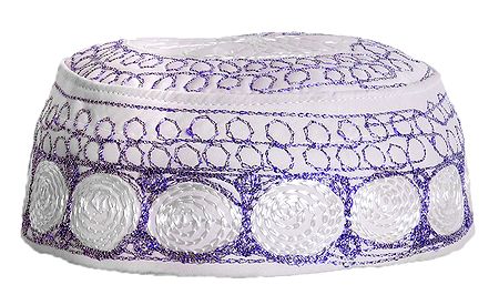 White Muslim Prayer Cap with Purple Embroidery